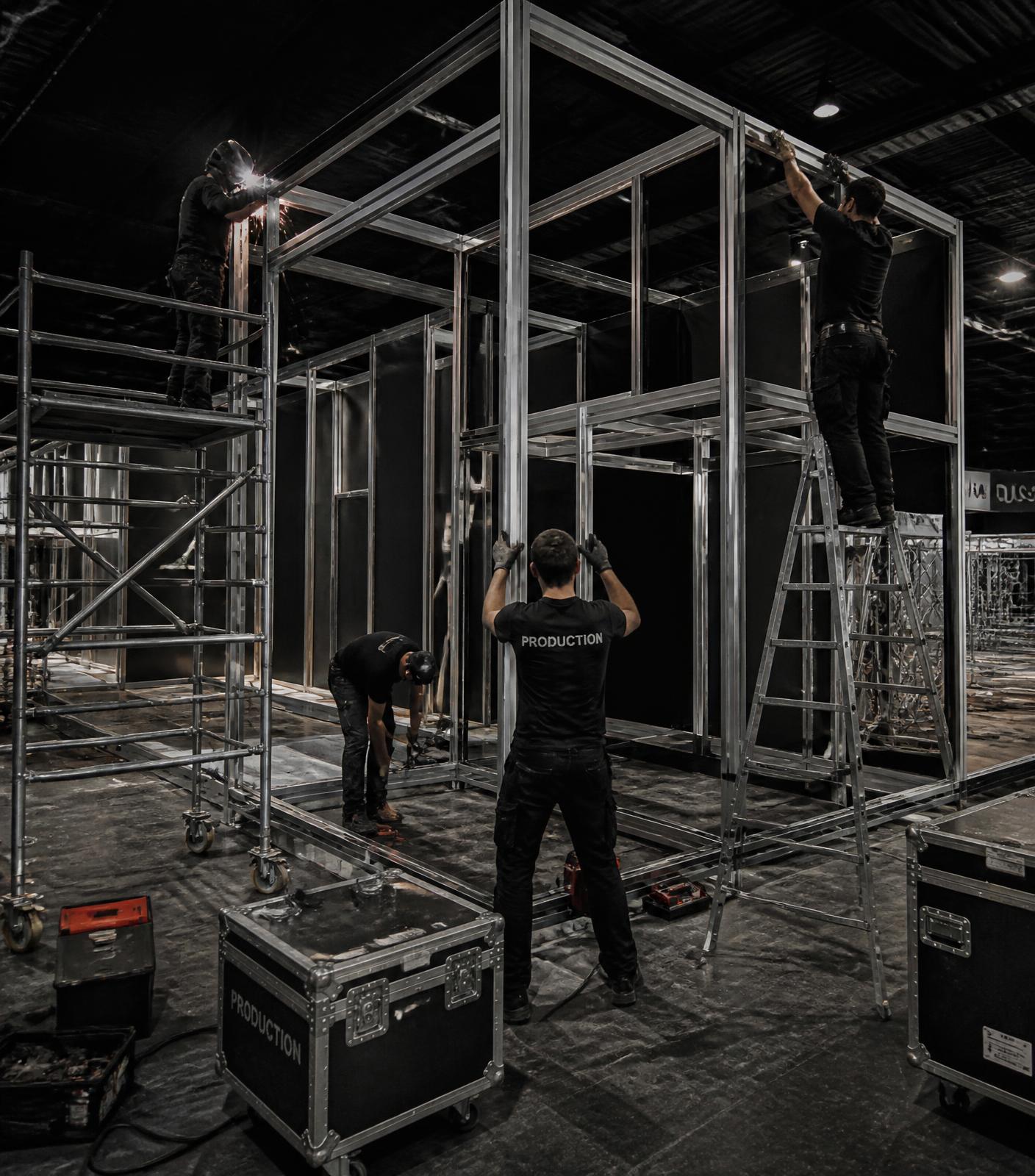 Equipe da WR montando a estrutura de um stand
