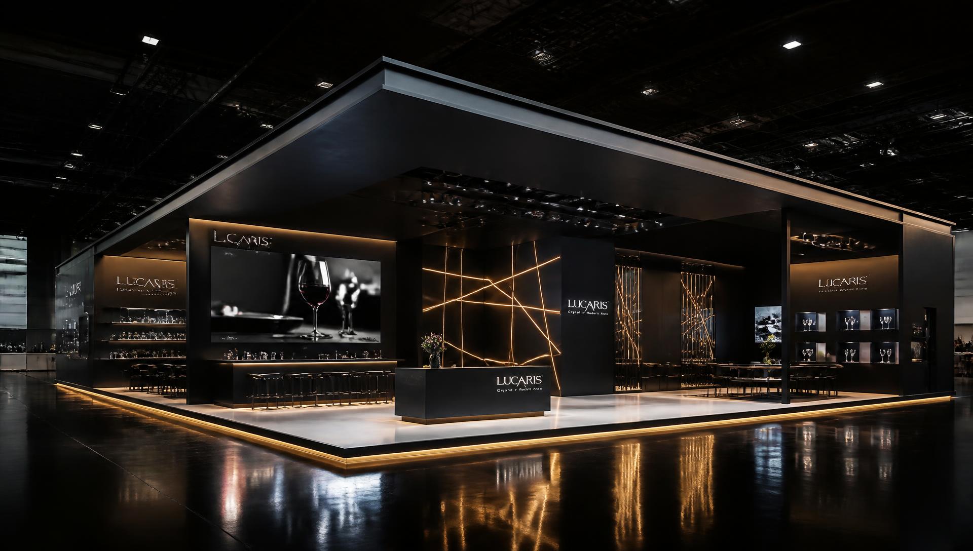 Stand moderno em preto e dourado montado em pavilhão de feira
