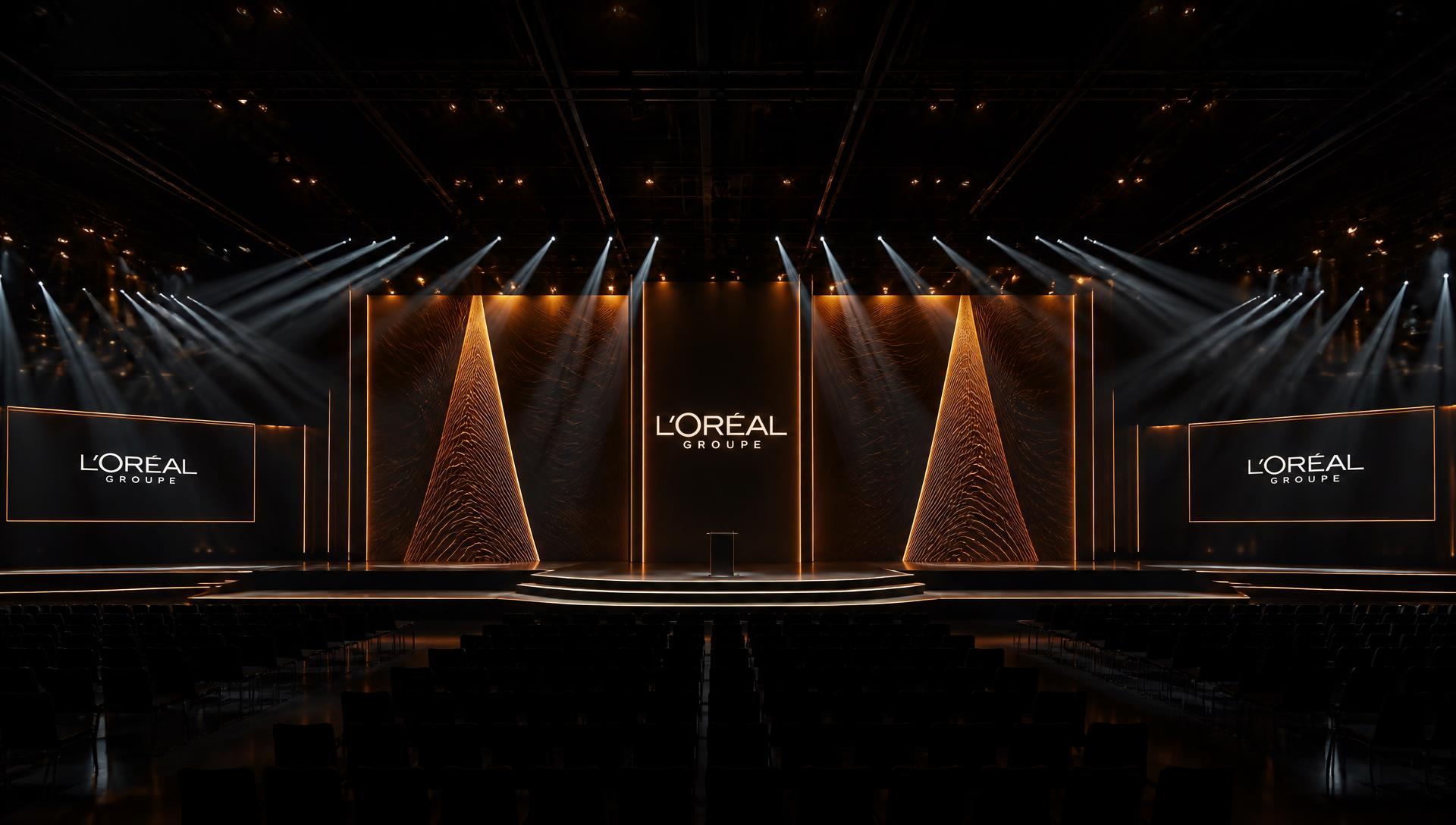 Grande palco cenográfico iluminado em evento corporativo